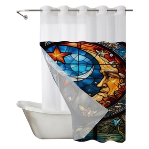 Detail of waffle weave shower curtain with celestial moon and star stained glass print