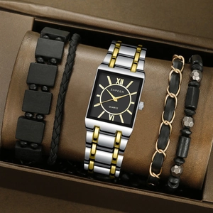Square quartz watch with Roman numerals and matching four-piece bracelet set in gift box