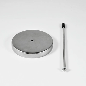 Polished silver metal stand assembly with circular base and support rod for ear display