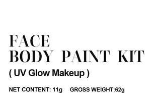 Face and body paint kit specifications showing 11g net weight and UV glow makeup features