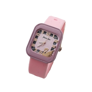Pink silicone strap square watch featuring a purple case and golden swan dial motif