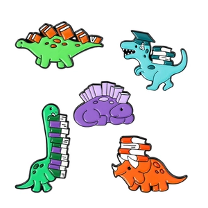 Cartoon dinosaur bookworm enamel pin set featuring five colorful academic designs