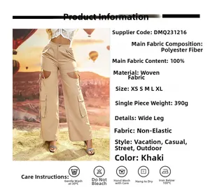 Detail view of khaki wide-leg cargo pants with cutout design and side pockets