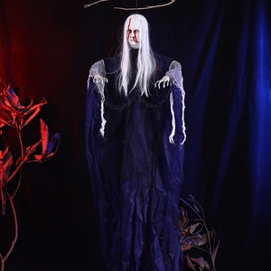 Close-up of Halloween hanging ghost with bloody face, white hair and purple robe