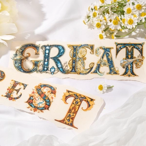 Baroque style PET alphabet stickers with vintage gold foil details on white silk