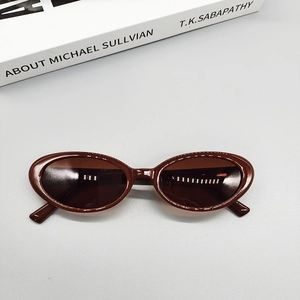 Flat lay of vintage oval sunglasses in dark brown with a decorative book background