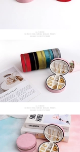 Macro shot of circular velvet jewelry box with dividers for rings and earrings
