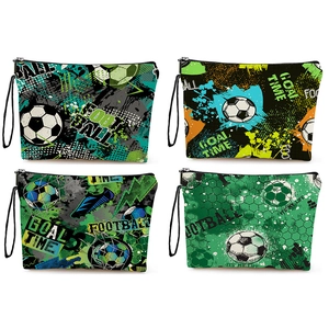 Football Theme Makeup Bag Fine Linen Zipper Cosmetic Pouch Sports Graffiti Print Travel Organizer Wristlet Bag