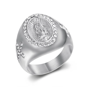Hip hop silver saint mary ring with iced out diamonds and side cross engravings