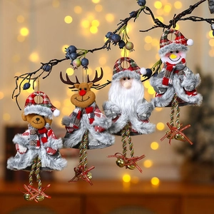 Christmas tree plush ornament set with Santa, elk and bear with gold bells on branches