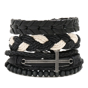 Men Vintage Cowhide Leather Bracelet Braided Hemp Rope Wood Beads Cross Pendant Multi-Layer Wrap Bracelet Punk Jewelry Gift