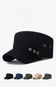 Detail view of military flat top cap with metal buttons and breathable side eyelets