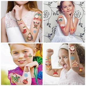 Detailed views of waterproof Christmas temporary tattoos for kids with festive patterns