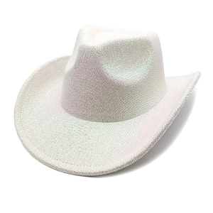 Close-up of white iridescent cowboy hat featuring laser glitter coating and firm brim