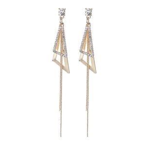 Elegant gold triangle fringe earrings with shimmering tassels and crystal inlay