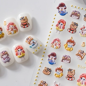5D embossed summer nail art stickers with 3D cute girl and swimsuit bunny designs