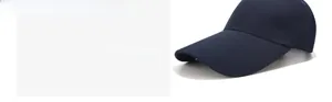 Detail of a dark blue cotton baseball cap featuring a long brim and six-panel structure