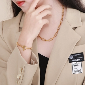 Chunky stainless steel OT buckle chain necklace and bracelet set in golden finish