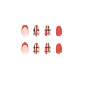 Short red and green plaid press-on nails with French tip design for Christmas