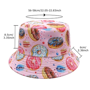 Pink bucket hat with all-over donut print for outdoor sun protection, 56-58cm head size
