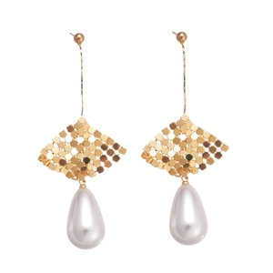 Elegant 18k gold plated drop earrings with metallic sequins and white faux pearls