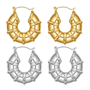 Ribbed Hoop Earrings 304 Stainless Steel Geometric U-Shape Striped Vintage French Style Minimalist Jewelry For Women