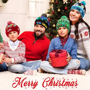 Family wearing LED Christmas beanies in a cozy holiday home setting with bright lights