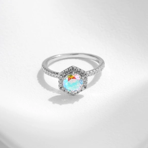 Elegant s925 silver ring featuring a gradient rainbow opal and hexagonal zircon halo