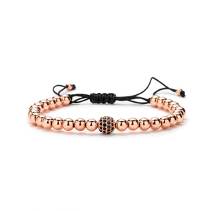 Bracelet perles or rose avec boule zircon noir et cordon noir réglable pour femmes