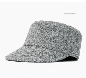Detailed texture of gray wool flat top military cap with soft lamb wool finish