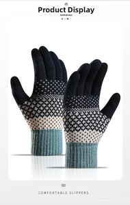 Detail of knitted winter gloves with geometric jacquard pattern and elastic ribbed cuffs