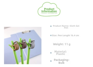 Technical specifications of the sloth gel pen showing 16.4cm length and plastic material