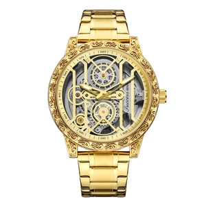 Montre mécanique squelette dorée pour homme avec boîtier gravé de reliefs floraux fins