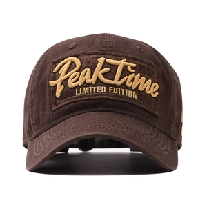 Vintage dark brown cotton baseball cap with PeakTime embroidery and curved wide brim