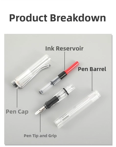 Disassembled view showing clear body components and red piston converter of the gothic art pen
