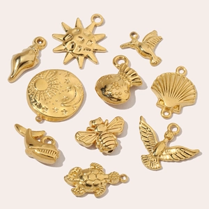 Golden titanium steel charms collection featuring sun, shell, and animal shapes for DIY jewelry