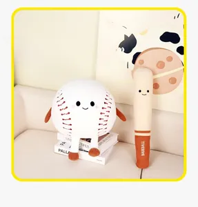 Detail of cute baseball plush toy set and bat with soft texture in cozy home setting