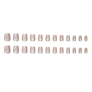 24pcs pink cat-eye press-on nails with silver leaf prints and glitter in square shape