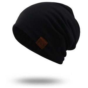Slouchy Beanie Hat Knitted Breathable Warm Fleece Lined Rhinestone Wave Decor Leather Patch Casual Unisex