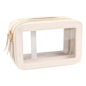 Waterproof beige PU leather and clear PVC travel toiletry bag with double zippers