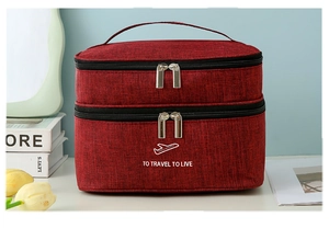 Detail of wine red double-layer travel toiletry bag with zipper and top handle