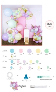 Detail list of pastel macaron balloon arch kit with unicorn foil balloon and tools