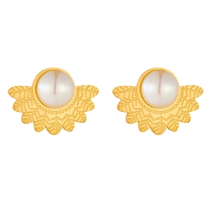 Gold-plated fan-shaped feather earrings with white pearl center on white background