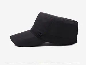 Side view of black quick-dry flat top military hat featuring embroidered YS logo