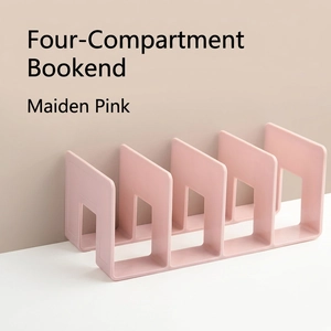 Detail view of pink four-compartment acrylic bookstand with specific dimensions marked
