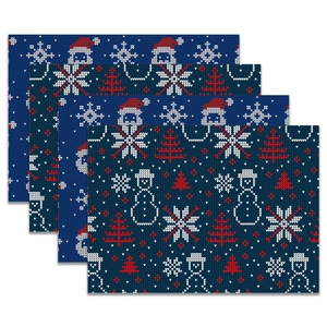 Set of 4 Christmas placemats with festive snowman and reindeer knit print motifs