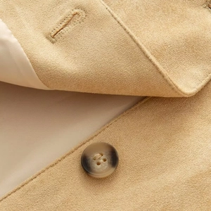 Women's khaki faux suede jacket with elegant round neck and premium resin button detail