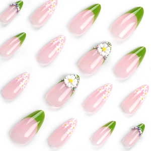 Pink press-on nails with green French tips, 3D white daisy flowers and rhinestones