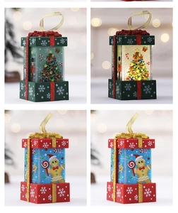 Close-up of glowing LED Christmas ornaments featuring gingerbread man and tree designs