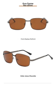 Detail view of gunmetal frame polarized sunglasses with tea lenses for men